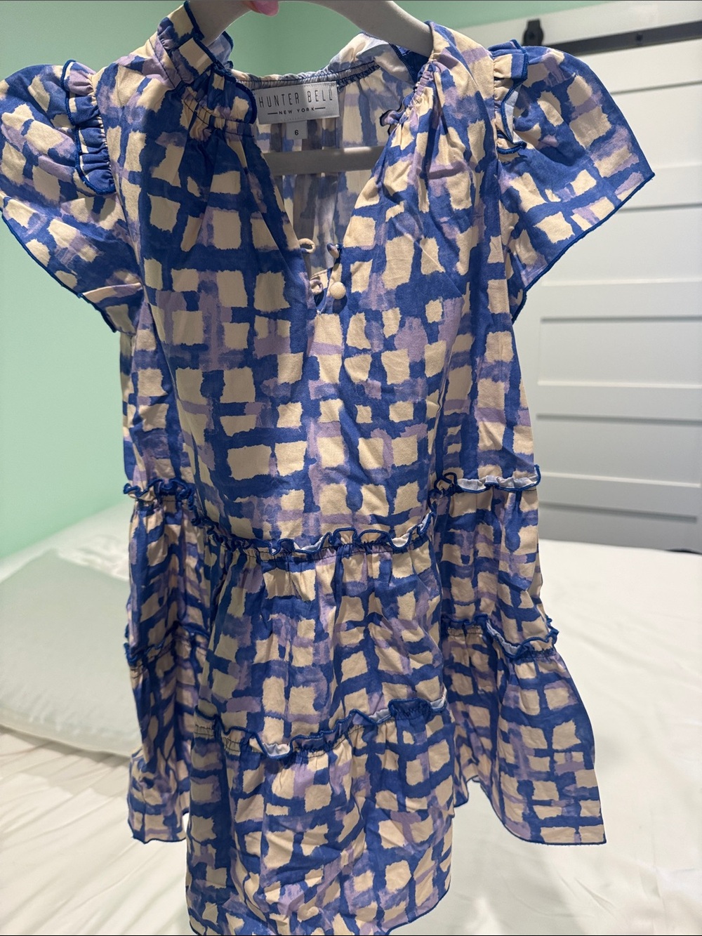 HUNTER BELL Blue and Cream Checkered Tiered Dress